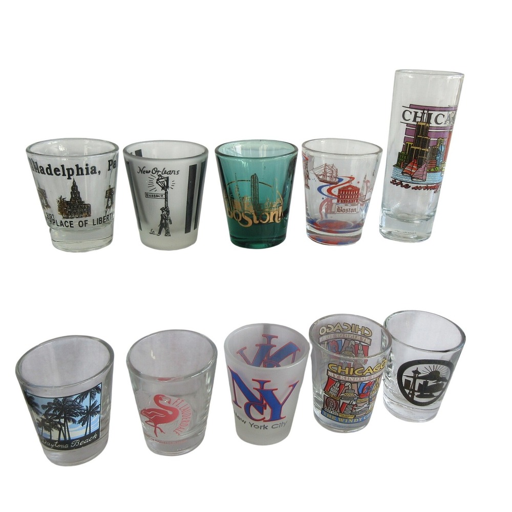 Lot of 10 Souvenir Shot Glasses Chicago NYC Boston New Orleans Seattle Florida